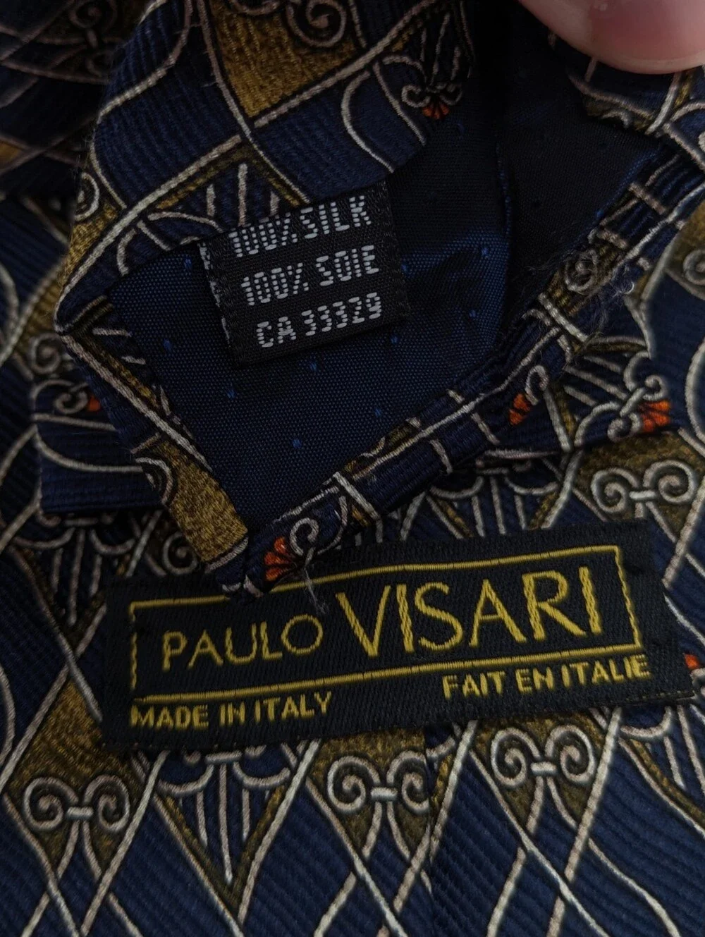 Vintage Paulo Visari Blue Cream Yellow Abstract Geometric Silk Tie